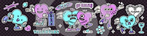 Neon y2k anti valentines day stickers set with retro cartoon cupid characters. 2000s anti love conception. Trendy Vector
