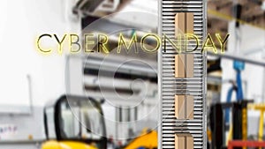 Neon yellow cyber monday text banner over multiple delivery boxes on conveyer belt against factory