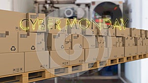 Neon yellow cyber monday text banner over multiple delivery boxes on conveyer belt against factory