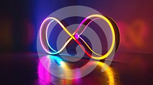 Neon yellow, pink and blue infinity symbol in an empty room. AI Generated