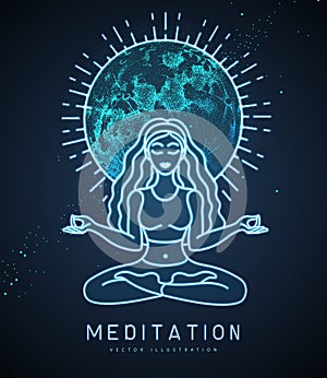 Neon Young Woman meditation in lotus position with full moon. Moon astrology sign.