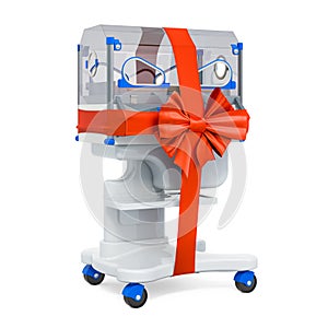 Neonatal incubator with red bow and ribbon, gift concept. 3D rendering