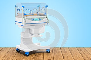 Neonatal incubator on the wooden planks, 3D rendering