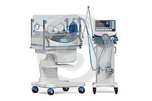 Neonatal intensive care unit, NICU. Medical ventilator and infant incubator. 3D rendering