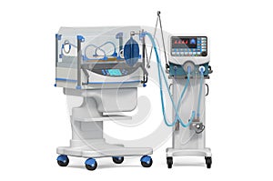 Neonatal intensive care unit, NICU. Medical ventilator and infant incubator. 3D rendering photo