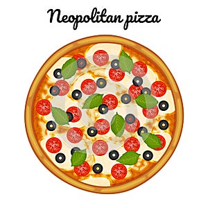 Neopolitan pizza with mozzarella, cherry tomatoes, and basil