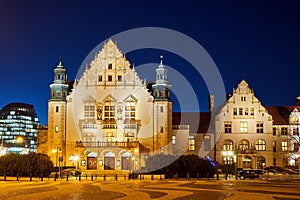 Neorenaissance facade of the building of the university auditorium at night photo