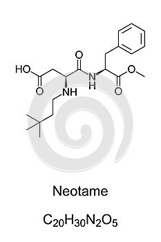 Neotame, sugar substitute, chemical formula and skeletal structure photo