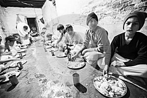 NEPAL - children during dinner at Jagadguru School.
