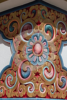 Nepal,Detail of flower ornamentation in a gold background of a tibetan buddhist stupa.