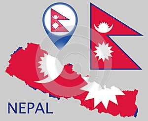 Nepal flag, map pointer and map
