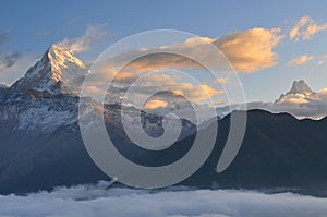Nepal, Ghorepani, Poon Hill, Dhaulagiri massif, Himalaya, Annapurna South view from Poon Hill, Himalaya