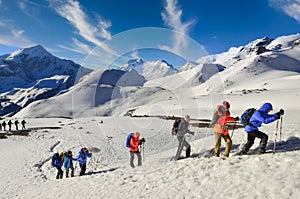 NEPAL, HIMALAYAS - 1 May 2013: Group of mountain trekkers in Himalayas