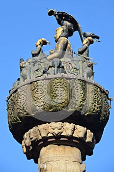 Nepal, Kathmandu, the column of king Pratap Malla in the Darbar square, the 17th century