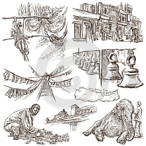 Nepal - Pictures of life. Travel. Full sized hand drawings, orig