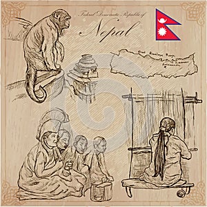 Nepal - Pictures of life. Travel. Vector collection. Hand drawings.