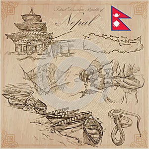 Nepal - Pictures of life. Travel. Vector collection. Hand drawings.