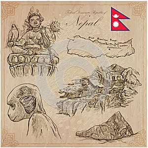 Nepal - Pictures of life. Travel. Vector collection. Hand drawings.