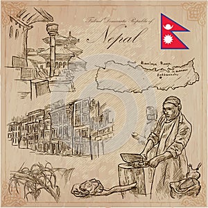 Nepal - Pictures of life. Travel. Vector collection. Hand drawings.