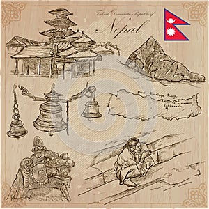 Nepal - Pictures of life. Travel. Vector collection. Hand drawings.