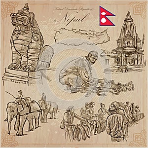 Nepal - Pictures of life. Travel. Vector collection. Hand drawings.