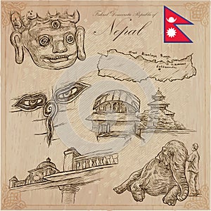 Nepal - Pictures of life. Travel. Vector collection. Hand drawings.