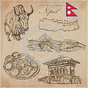 Nepal - Pictures of life. Travel. Vector collection. Hand drawings.