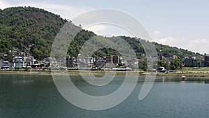 Nepal, Pokhara. Lake Phewa. Aerial 4k footage