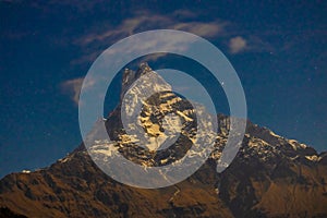 Nepal sacred mountain Machapuchare at night