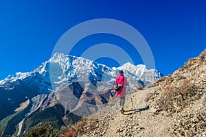 Nepal - Trekking girl on the way to Ice lake