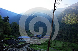 Nepal, village in sunrise, Himalaya mountains