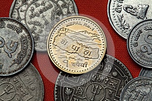 Nepalese coins. Map of Nepal and the Himalayas