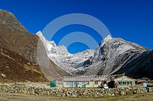 Small town in Khumbu, mountain village on EBC trekking route in Nepal