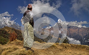 Nepali men and mount machapuchare