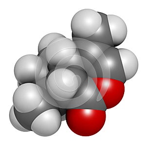 Nepetalactone catnip cat attractant molecule. 3D rendering. Atoms are represented as spheres with conventional color coding: