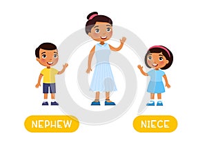 NEPHEW and NIECE antonyms word card  Opposites concept. photo