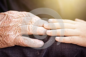 Nephew touching grandfather's hand in sunlight photo