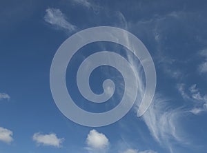Nephology art. A beautiful sky cloudscape scene, with white Cirrus cloud in a mid blue sky