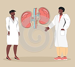 Nephrologist and nephropathy concept vector in doodle style. Tiny doctors on online conference. Pyelonephritis and