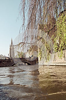 Nepomuceno Bridge crossing a canal, visible through tree branches with a tower in the background