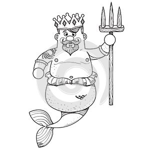 Neptune. Cartoon character is king of the sea. Cartoon drawing for gaming mobile applications. Illustration for coloring