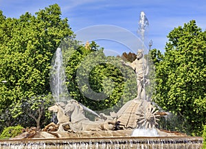 Neptune Chariot Horses Statue Fountain Madrid Spain