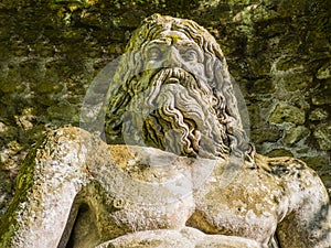 Neptune colossal sculpture at famous Park of the Monsters, Bomarzo Gardens, province of Viterbo, Lazio, I