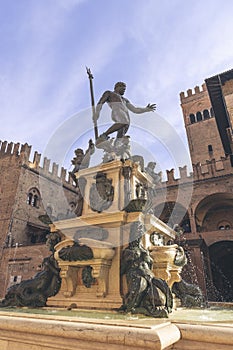 Neptune Fountain in Bologna Piazza Maggiore with Palazzo del Podesta