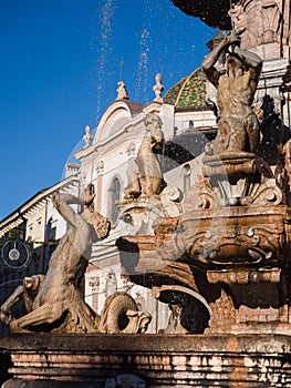 The Neptune fountain in Cathedral Square, Trento, Italy.