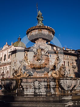 The Neptune fountain in Cathedral Square, Trento, Italy.