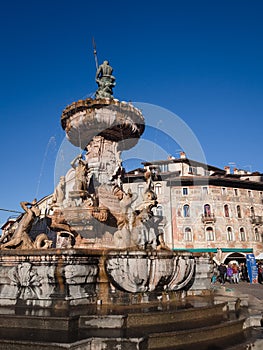 The Neptune fountain in Cathedral Square, Trento, Italy.