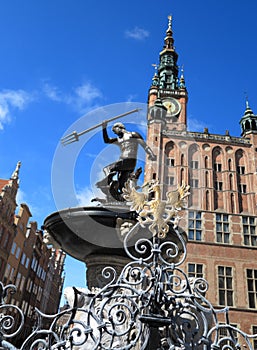 Neptune Fountain and city hall in Gdansk, Poland