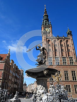 Neptune Fountain and city hall in Gdansk, Poland