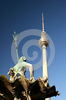 Neptune fountain and TV tower in Berlin